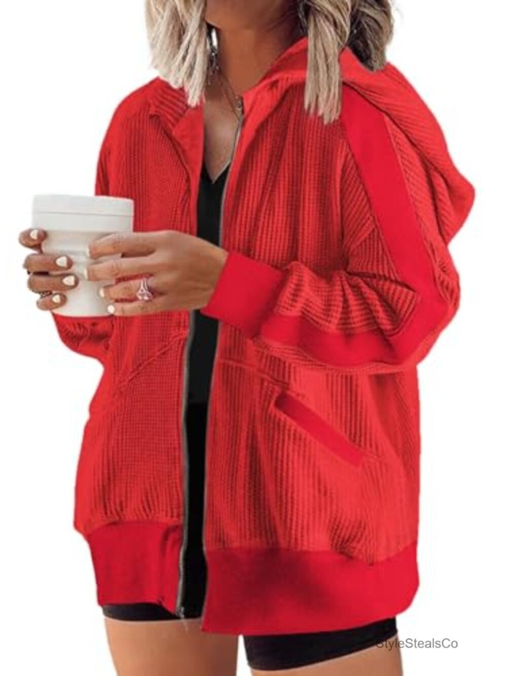 Plus Size Zip Up Hoodie Oversized Waffle Knit Sweatshirt with Pockets